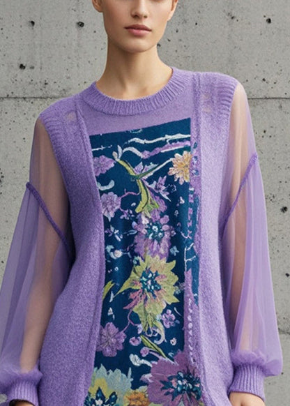 Purple Print Patchwork Tulle Long Sweaters Fall