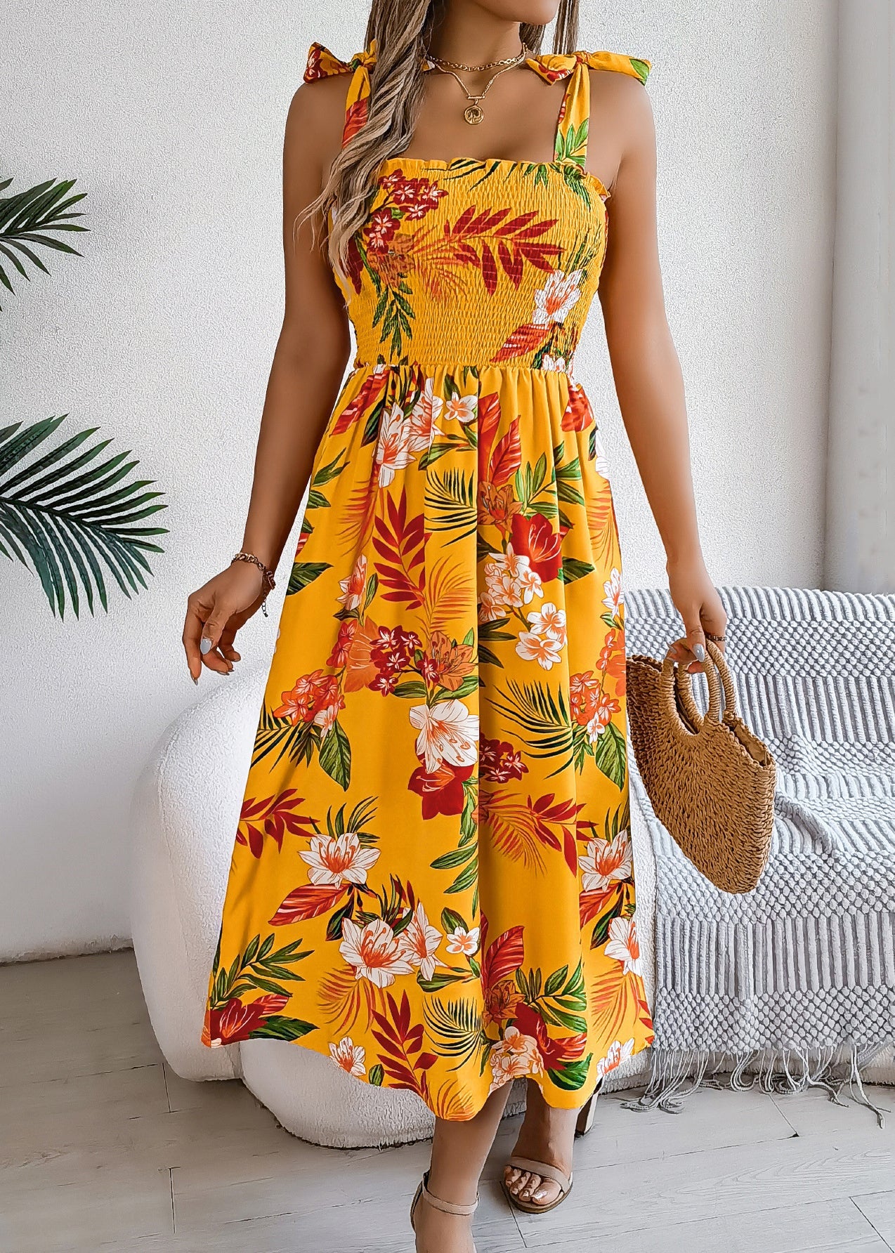Yellow Print Lace Up Cotton Spaghetti Strap Dress Summer