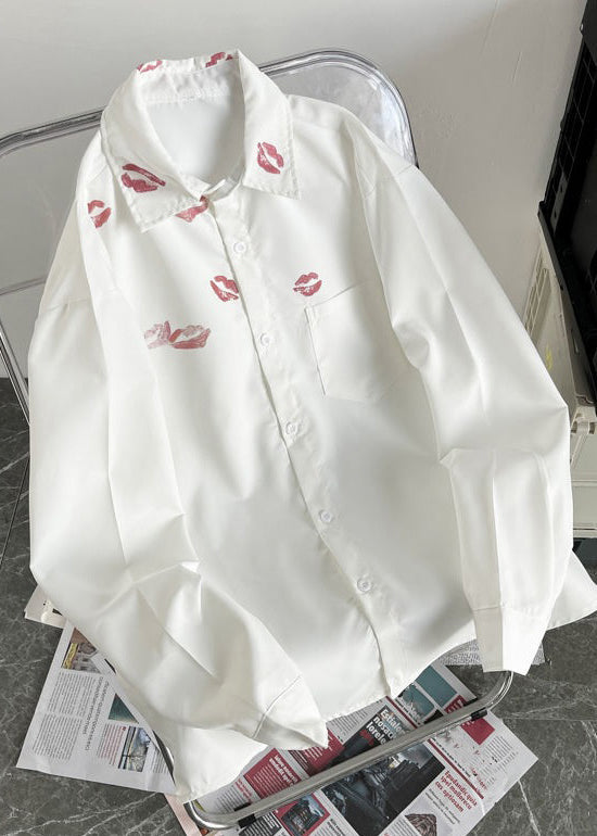 White Peter Pan Collar Print Cotton Tops Long Sleeve