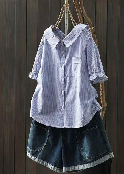 Classy Blue Peter Pan Collar Striped Cotton Shirts Summer