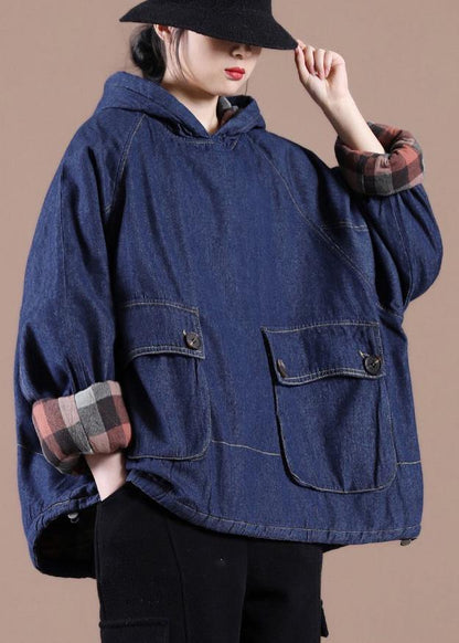 French Denim Blue Clothes for Hooded Pockets Oversized Spring Tops