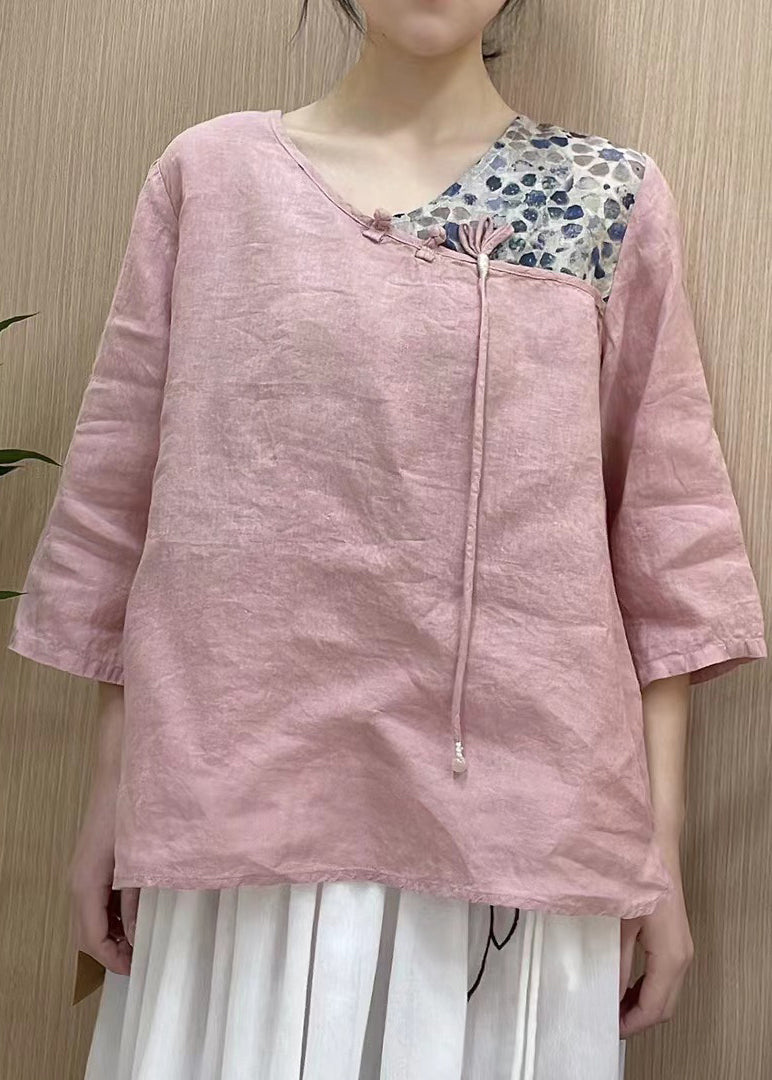 Orange V Neck Asymmetrical Design Print Linen Top Three Quarter Sleeve