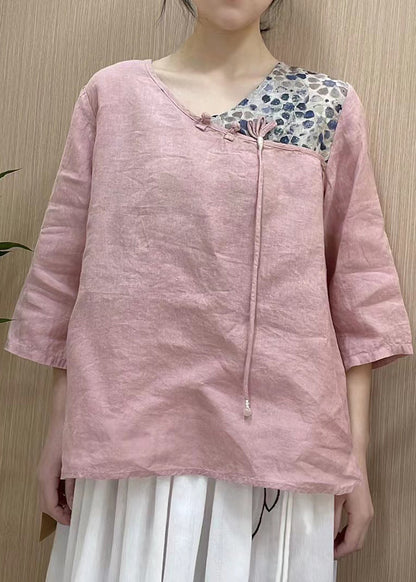 Orange V Neck Asymmetrical Design Print Linen Top Three Quarter Sleeve