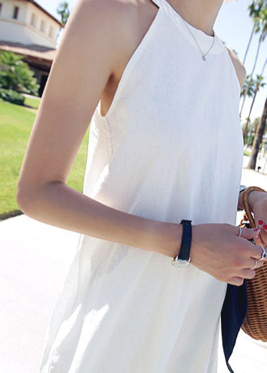 Diy White Wrinkled Patchwork Cotton Holiday Dresses Sleeveless