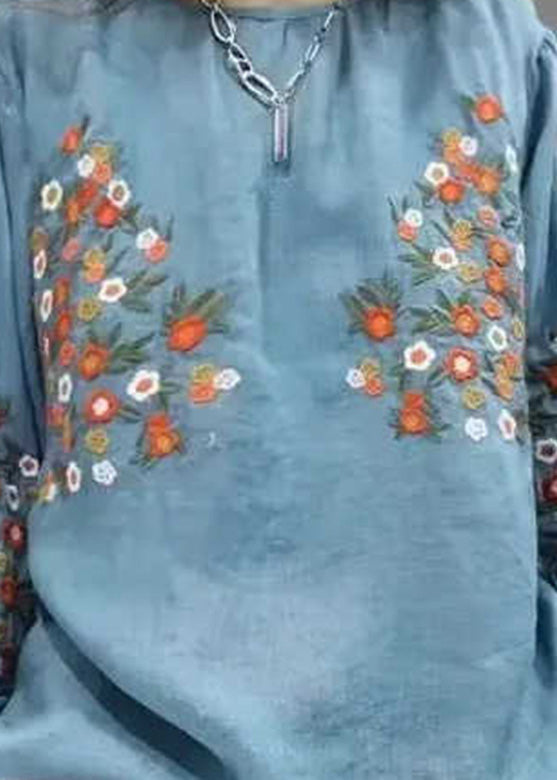 Blue O-neck Embroidered Tops Fall