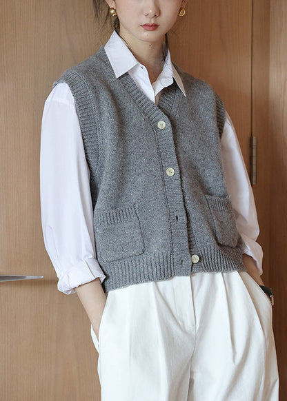 New Yellow V Neck Button Patchwork Woolen Knit Vest Sleeveless