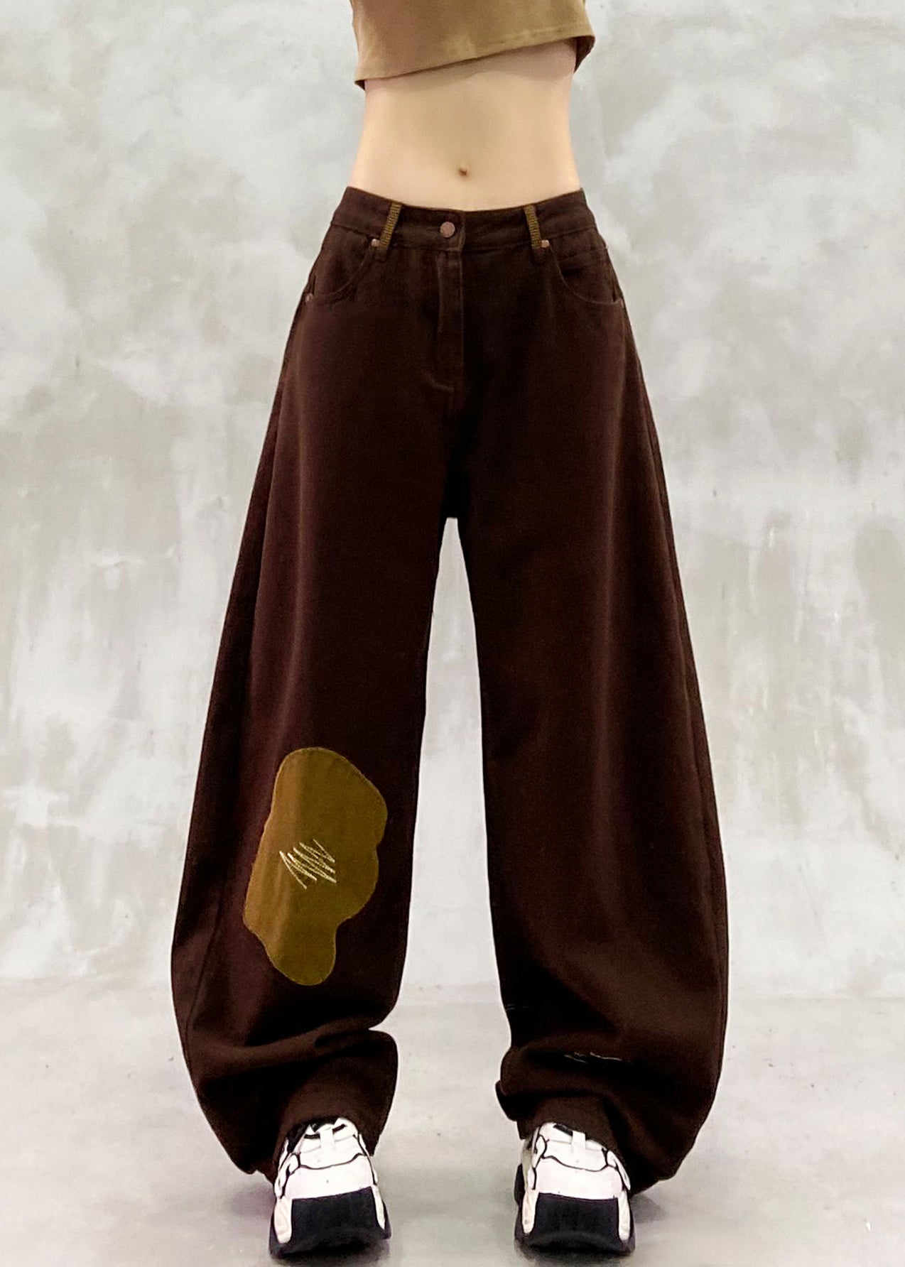 Brown Oversized Patchwork Applique Denim Pants Spring