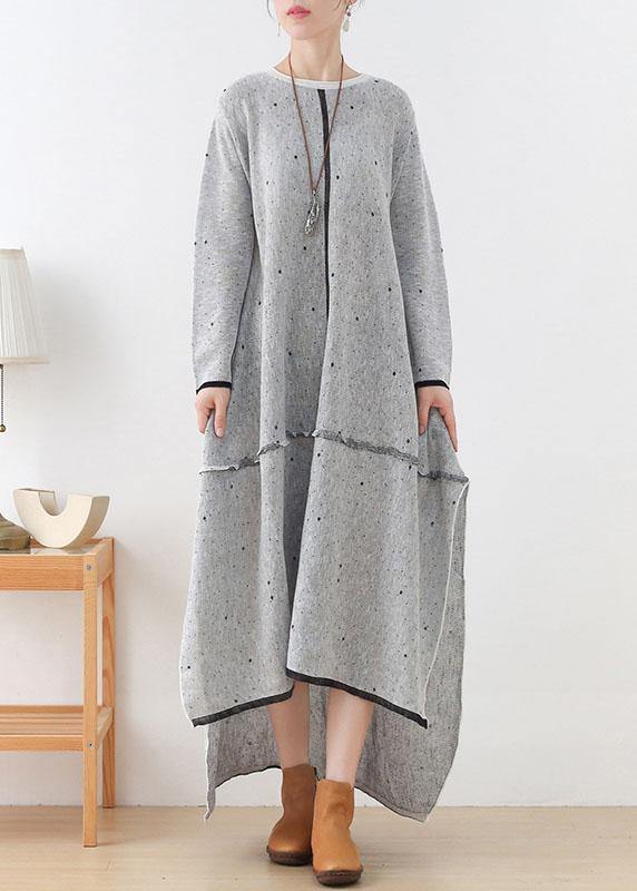 Grey White Low High Side Open Fall Knitted Dress