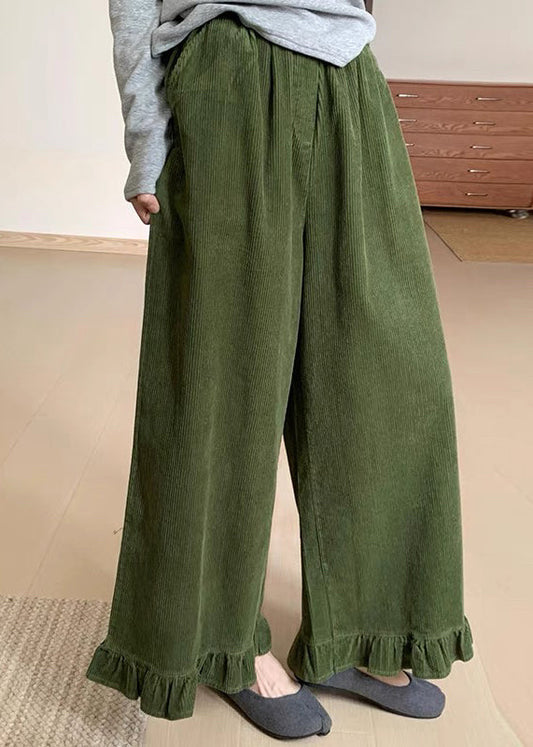 Original Green Ruffled Patchwork Corduroy Wide Leg Pants Winter