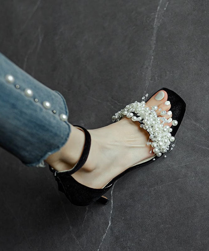 French Black Buckle Strap High Heel Sandals Nail Bead