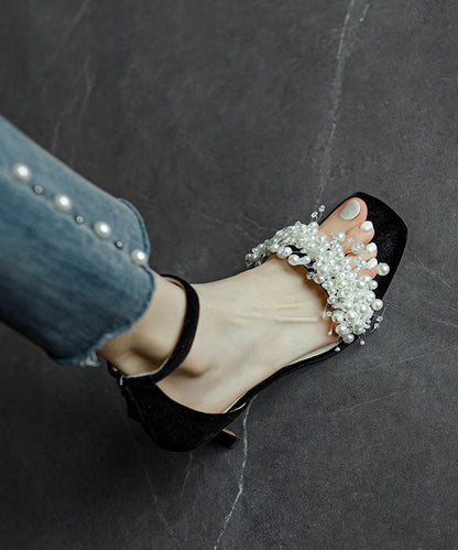 French Black Buckle Strap High Heel Sandals Nail Bead