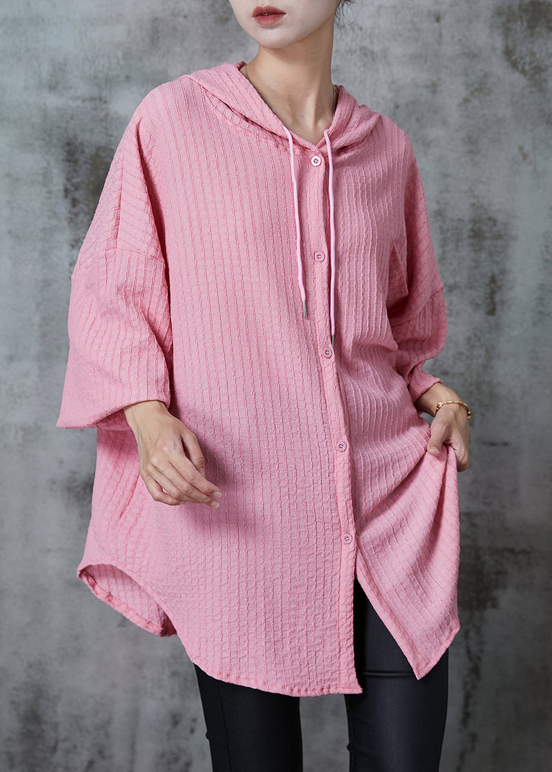 Pink Oversized Striped Cotton Blouses Summer