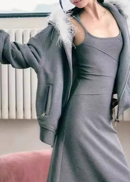 Grey Fur Collar Zippered Fleece Sweatshirt and Skirts Two Pieces Set Winter