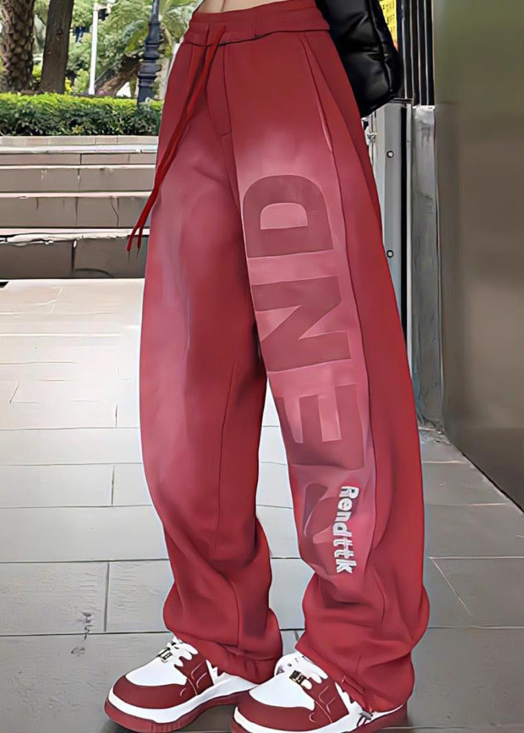 Red Gradient Color Lace Up Elastic Waist Cotton Pants Spring