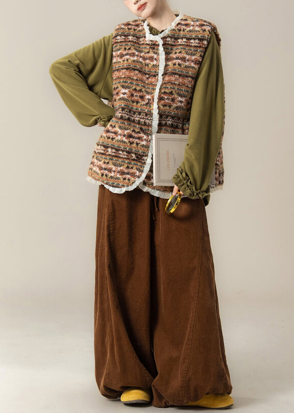 Japanese Style Faux Fur Vest Lace Patchwork Top and Pants 3 Piece Outfit Winter