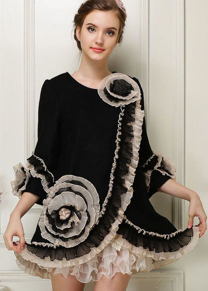 Black O-neck Nail Bead Woolen Coats Bracelet Sleeve