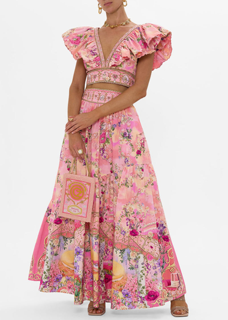 Pink V Neck Print Pockets Cotton Two Piece Set Summer