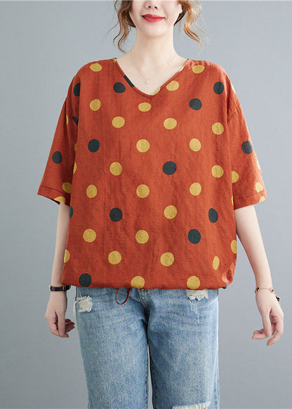 Orange V Neck Dot Drawstring Linen Tops Half Sleeve