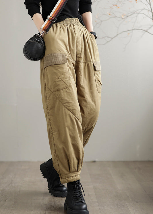 Khaki Pockets Patchwork Fine Cotton Filled Pants Winter