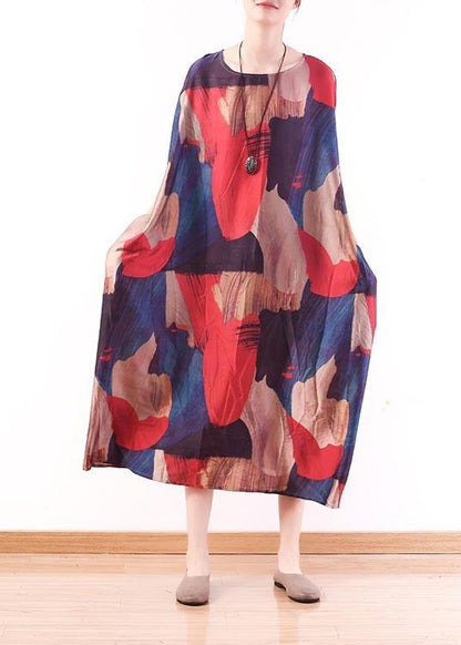 Modern Red Print O-neck Loose Long Chiffon Dress