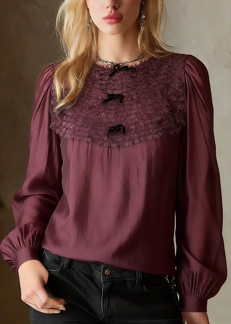 French Red O-neck Patchwork Tops Lantern Sleeve