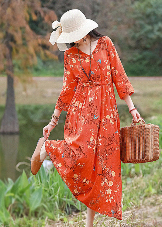 Orange V Neck Print Cotton Linen Party Dress Bracelet Sleeve