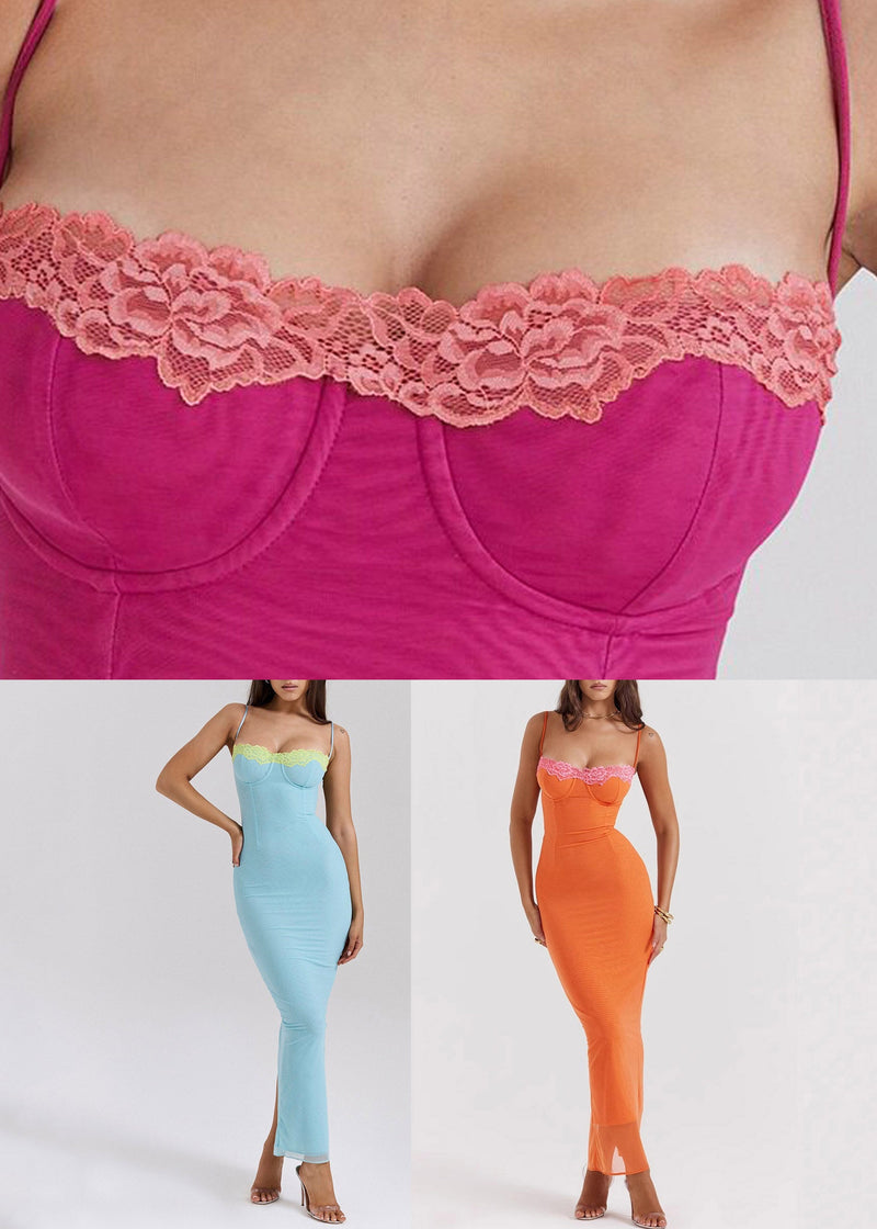 Italian Rose Side Open Tulle Maxi Spaghetti Strap Dresses Sleeveless