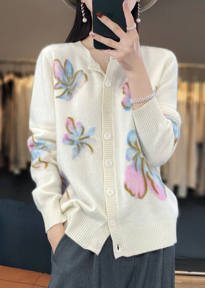 White O Neck Button Cotton Knit Coat Spring