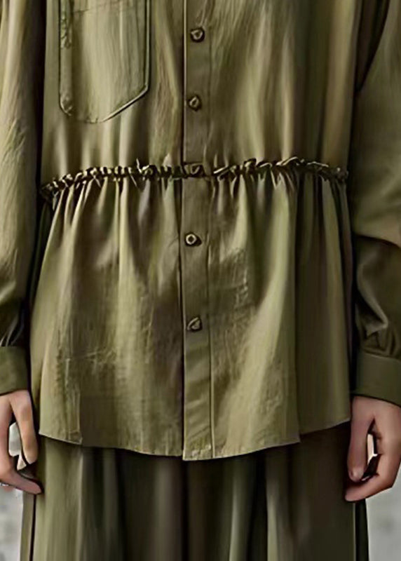 Army Green Ruffled Patchwork Top Fall