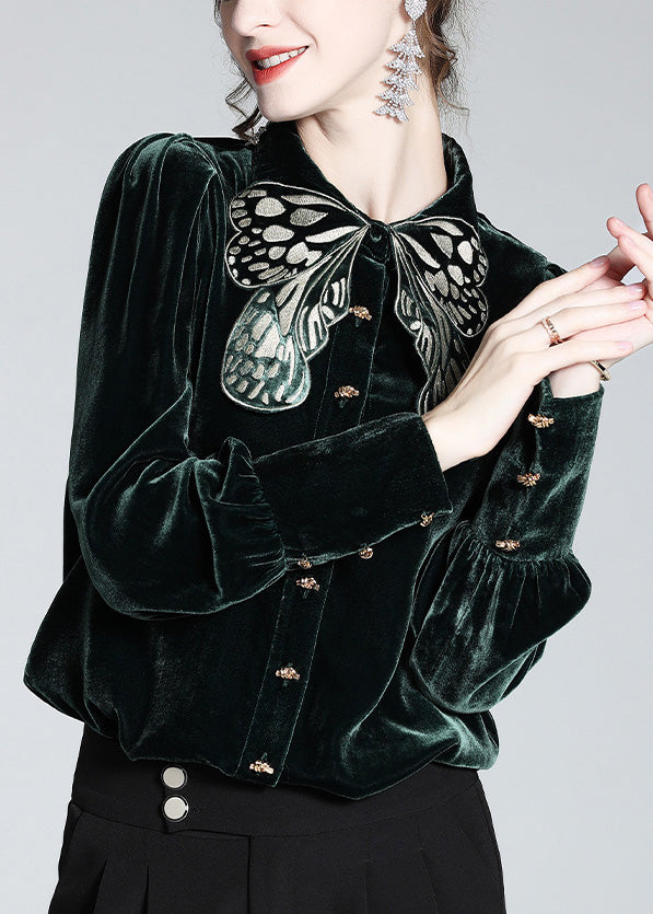 Diy Blackish Green Butterfly Peter Pan Collar Silk Velour Shirt Long Sleeve