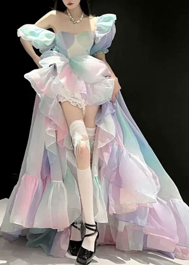 Rainbow Bustier Top Asymmetrical Patchwork Tulle Long Dress Puff Sleeve