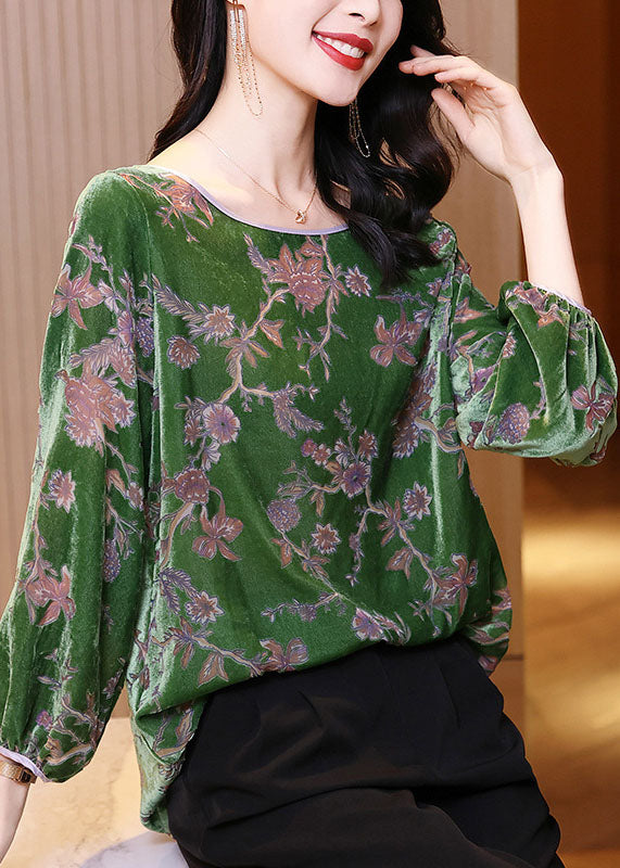 Modern Green O-neck Patchwork Velour Shirt Top Spring