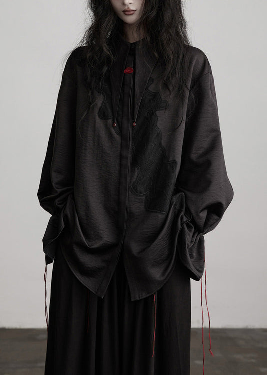 Black Peter Pan Collar Drawstring Patchwork Silk Blouses Fall
