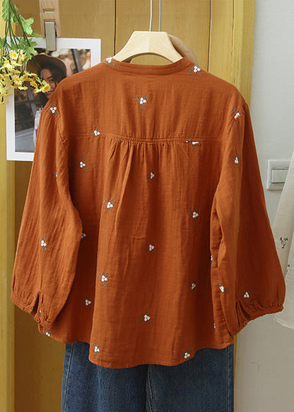 Orange Embroideried Button Cotton Blouse Long Sleeve