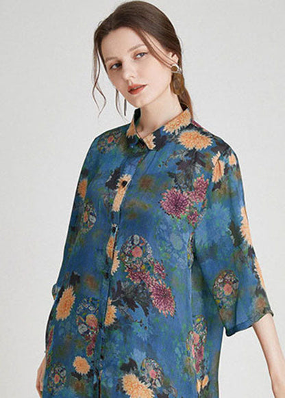 Blue Print Side Open Chiffon Two Pieces Set Summer