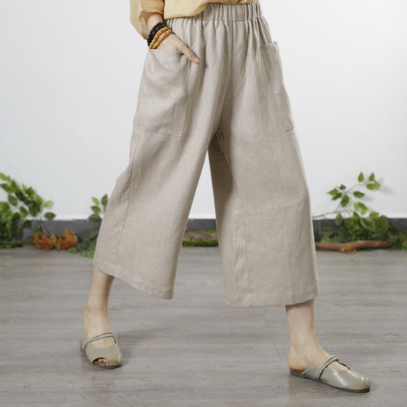 Natural Red Pockets Fall Wide Leg Linen Pants