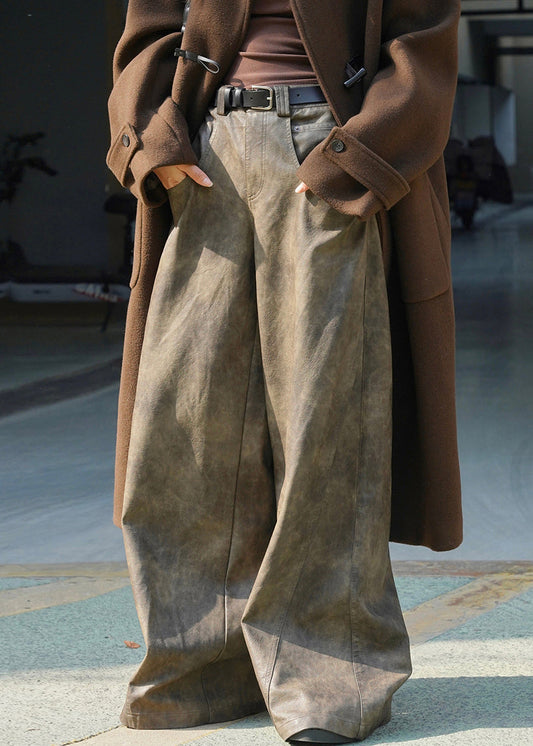 Coffee Pockets High Waist Faux Leather Wide Leg Pants Spring