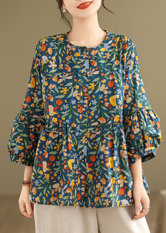 Diy Green Print Cotton a Line Shirt Tops Spring