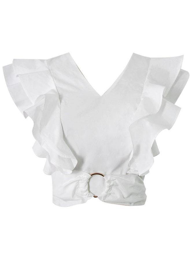 White V Neck Ruffleszippered Summer Top