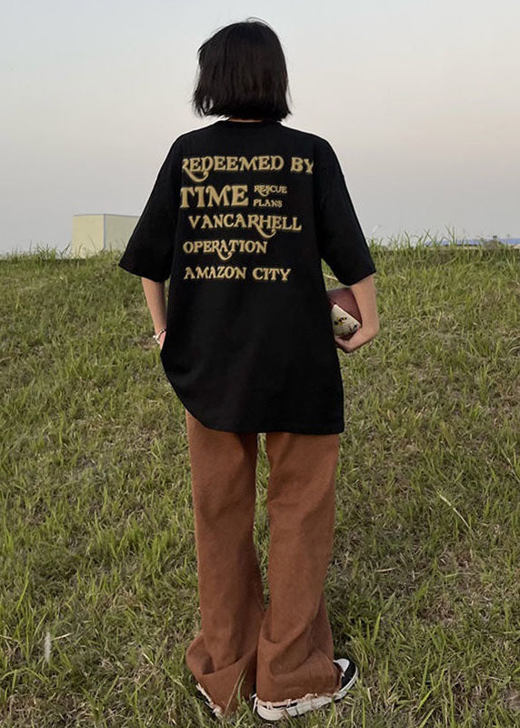Black Print Cotton Tops T Shirt O Neck Summer