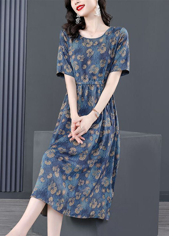 Navy Tie Waist Print Silk Robe Dresses Summer