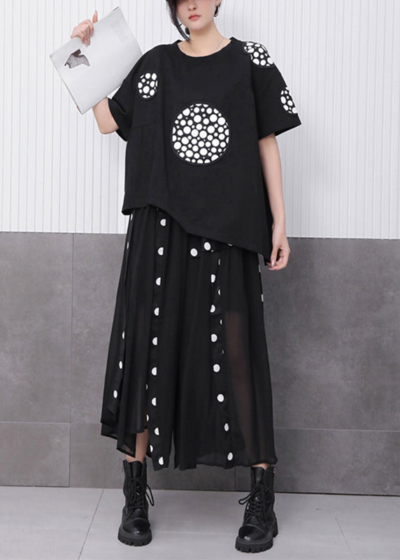 Novelty Black Print T Shirts and Tulle Maxi Skirts Two Pieces Set Summer