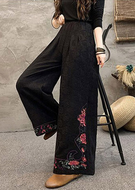 Navy Embroidered Pockets Cotton Wide Leg Trousers Spring