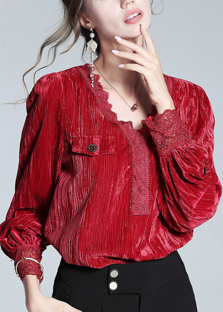 Red V Neck Lace Patchwork Silk Velour Top Long Sleeve
