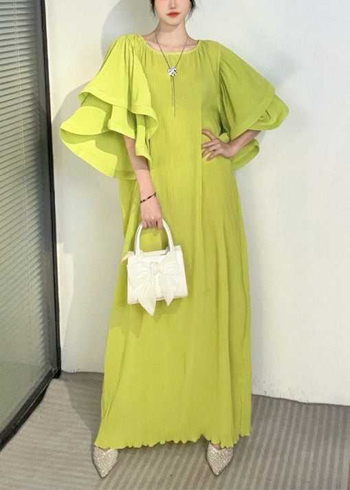 Purple O Neck Wrinkled Long Dresses Butterfly Sleeve