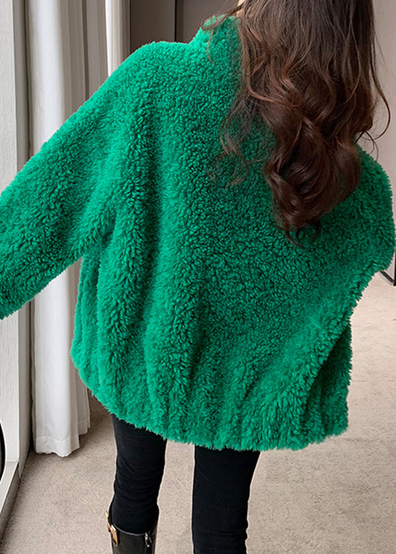 Diy Green Stand Collar Zippered Cozy Faux Fur Coat Long Sleeve