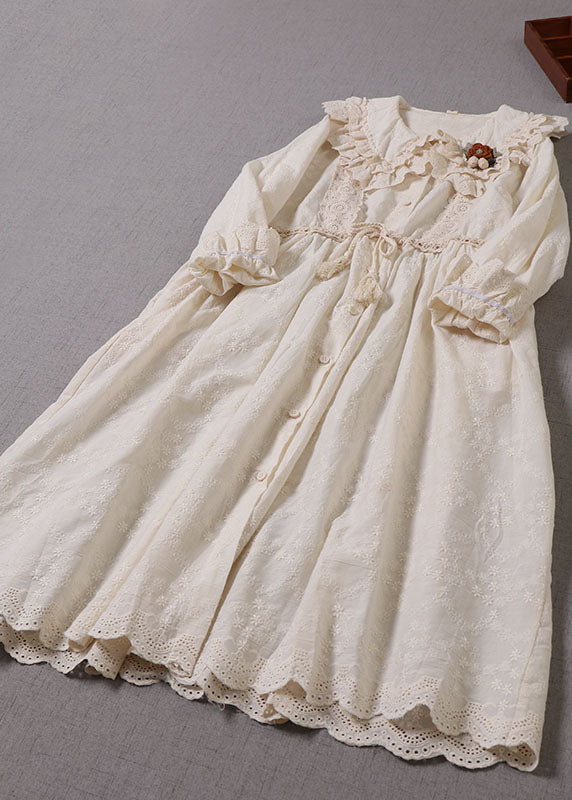 Natural Apricot Tasseled Drawstring Cotton Vacation Dresses Long Sleeve