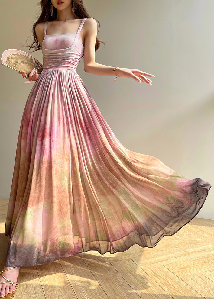 New Blue Wrinkled Print Tulle Spaghetti Strap Dress Sleeveless Summer
