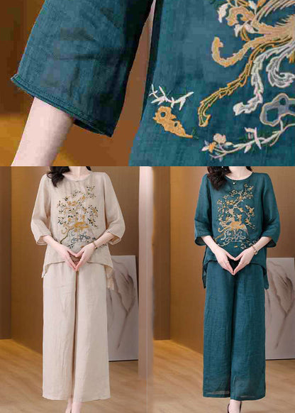 Apricot Oversized Linen Two Pieces Set Embroidered Spring