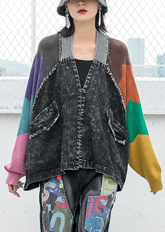 Denim V Neck Knit Patchwork Asymmetrical Design Fall Long Sleeve Coat